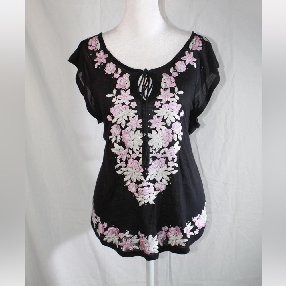 INC International Concepts Black Blouse with Pink & White Floral Embroidery